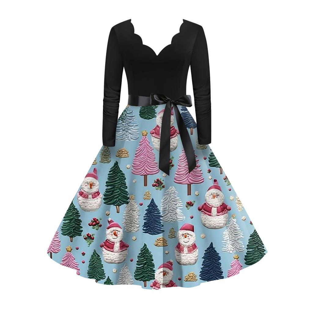 Women's Fashion Elegant Autmn and Winter Long Sleeve V-Neck Christmas Print Dress