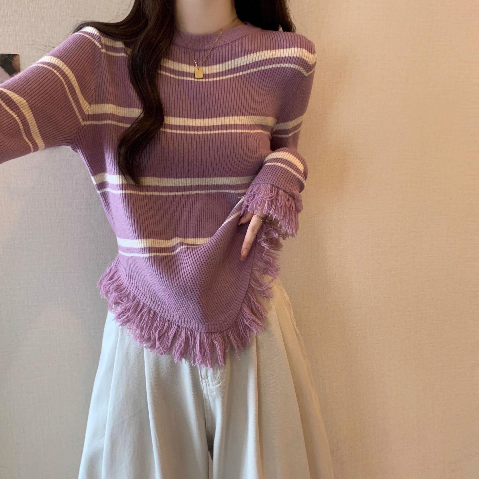 

Осень 2023 Женский полосатый свитер с кисточками - Нерегулярный дизайн, короткий трикотажный топ One Size фиолетовый