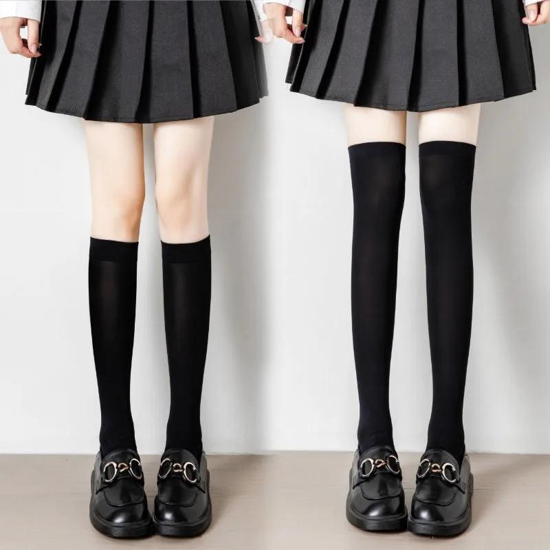 Black White Long Socks Stockings Women JK Japan Style Solid Color Thigh High Stockings High School Girls Striped Knee High Socks
