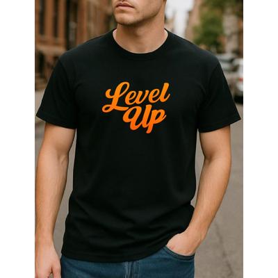 Tailles européennes "Level Up" Impression Texte Orange Haut de Sport Décontracté | Confortable et Respirant, Convient pour un Usage Quotidien et à la Maison, Sports d'Extérieur