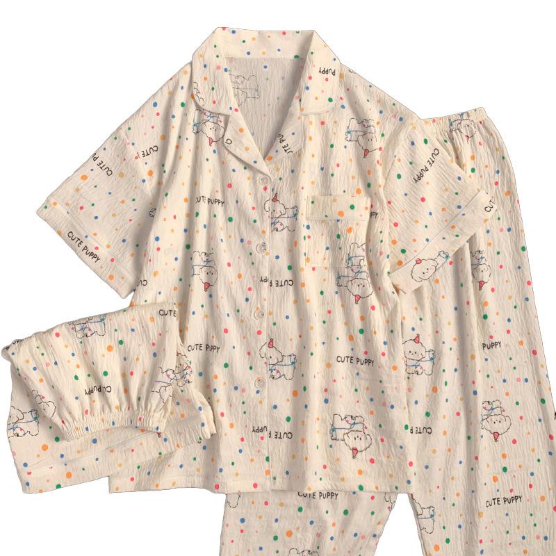 Spring And Summer Cloud Cotton Party Lines Puppy Print Pajamas Loungewear Can Be Worn Outside