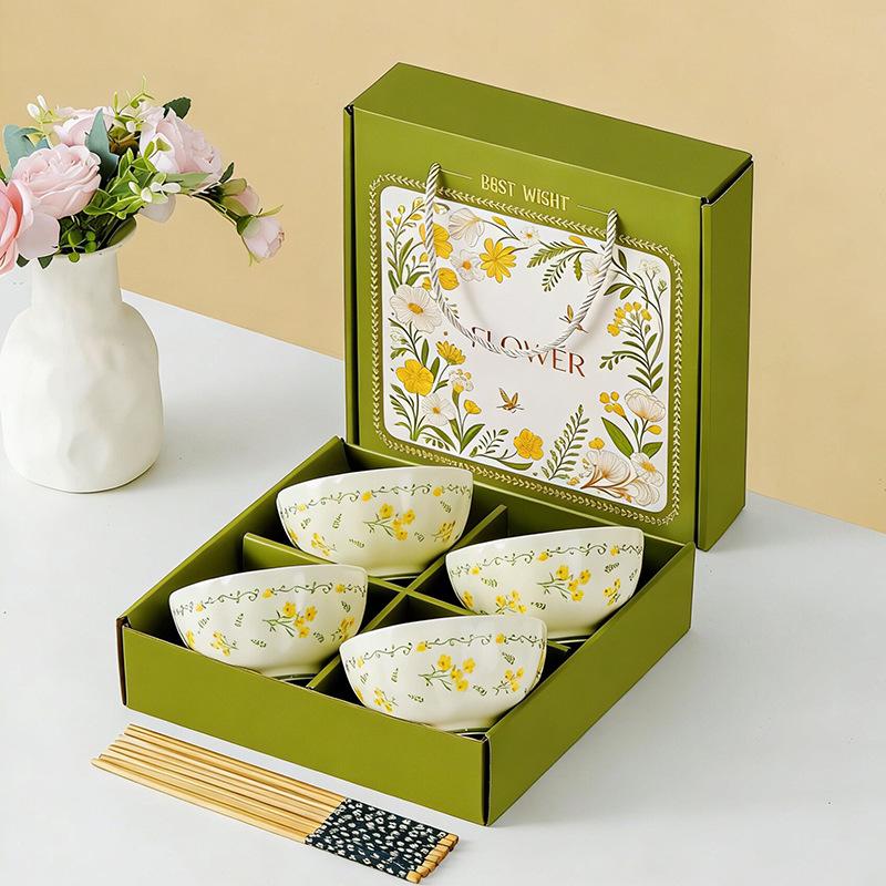 Ceramic Tableware Set with Bowls, Chopsticks & Spoons - Gift Box for Housewarming & Events