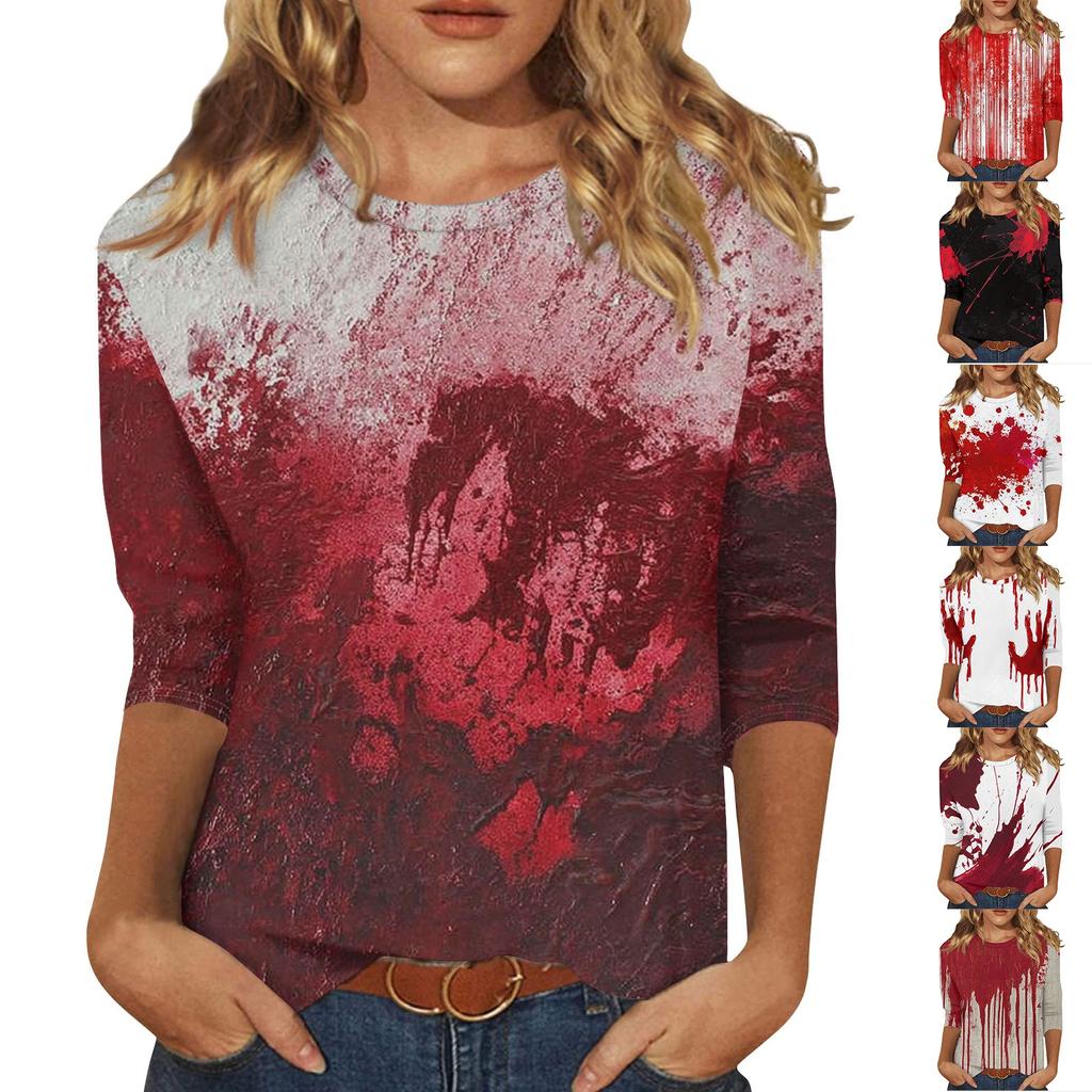 Women's Fashion Casual Three-quarter Sleeve Halloween Printed Round Neck Top