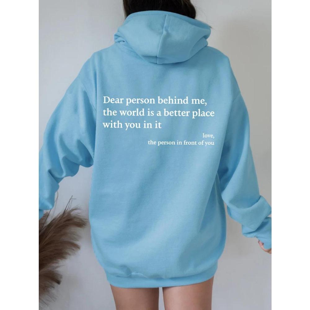 Women'S Shoulder Sleeve Fleece Sweater Plain Letter Print Kangaroo Pocket Drawstring Print Hoodie