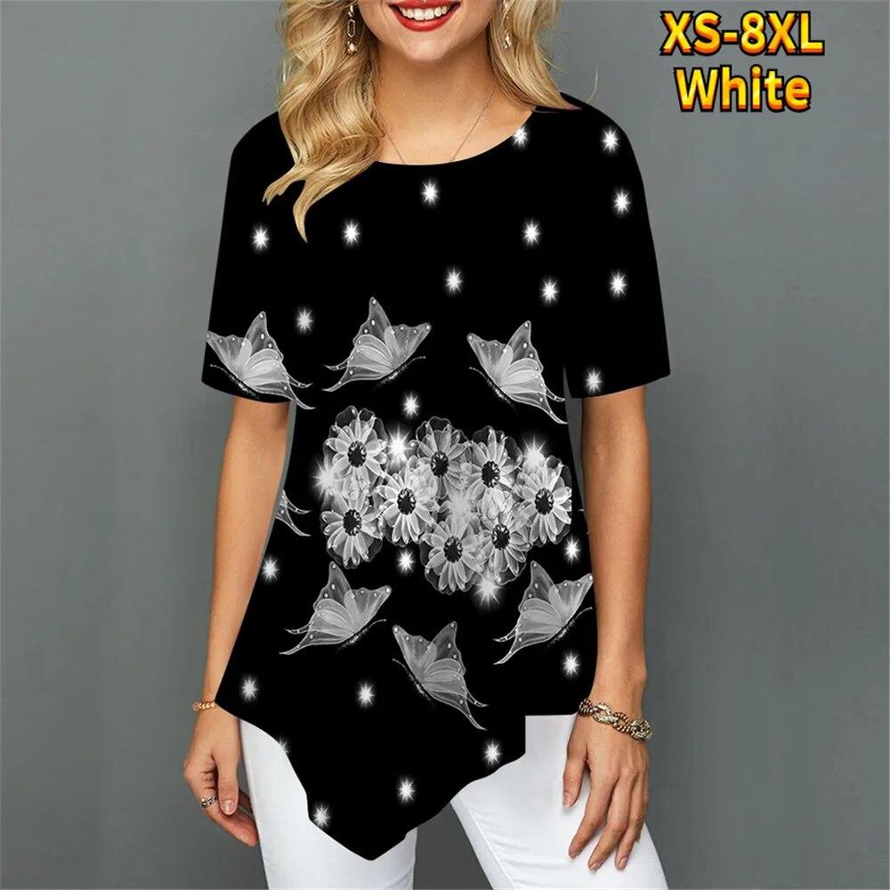 Mode Kurzarm Unregelmäßiger Saum Sommer Harajuku Digitaldruck Frauen T-Shirt Element O-Ausschnitt Straße Bequeme Damen Casual