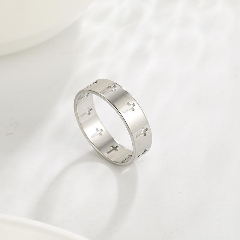 Faith Jewelry: European & American Style Hollow Cross Ring – Polished Stainless Steel Band for Men & Women