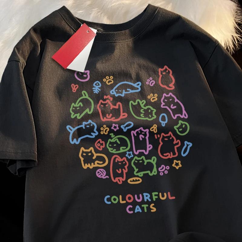 

Красочная кошка Детская Чистая Модная Летняя Свободная Футболка с коротким рукавом Мужская Женская Оригинальная Красочная кошка Поза Милые футболки Пара Женская XL чёрный