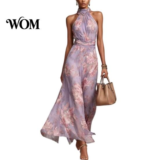 Light Fabric Dress Floral Chiffon for Women, Halter Sleeveless Ruched Maxi Casual Loose Fit Dress, Turtle Neck Wedding Guest Cocktail Evening