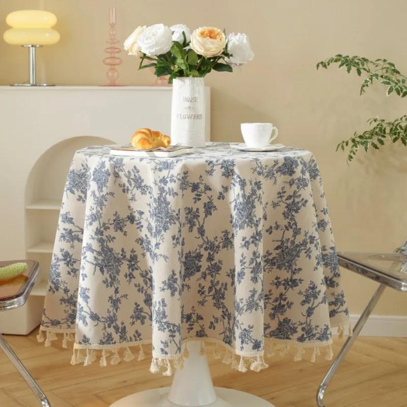 Rustic Flower Print Round Table Cover Indoor Outdoor Vintage Tassel Blue Flower Farmhouse Table Cloth for Picnic Tabletop Decor