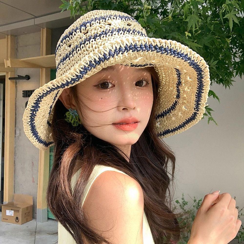 Handmade Weave Crochet Hat Summer Fisherman Caps Ins Straw Bucket Cap  Travel