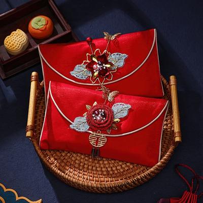 New Year Blessing Words Brocade Red Envelope Spring Festival Embroidery Brocade Money Pocket HongBao Brocade Cloth Tassel