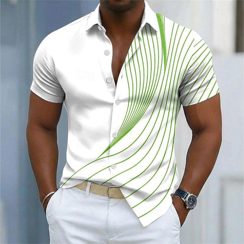 Nuova Camicia da Uomo a Maniche Corte Stampa a Righe Curve Bianche e Blu Vestibilità Business Casual Collo a Revers Camicia da Uomo