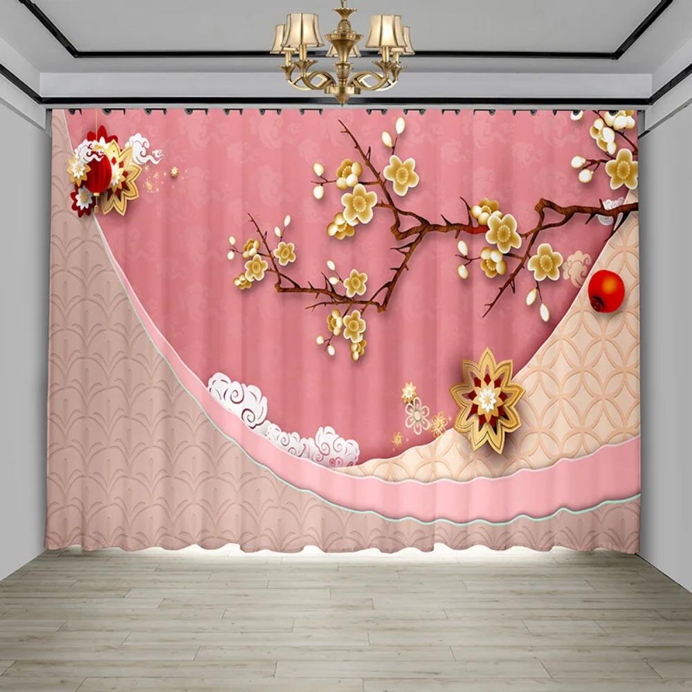 Nova cortina chinesa flor pássaro sala de estar flor borboleta paisagem tinta pintura janela tela cortina cortina chinesa 2 peças