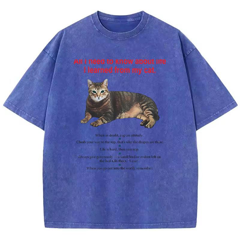 Fashion T Shirt Vintage Washed Cotton T-Shirt Funny Cat Graphic Tee Casual Streetwear Spring Summer
