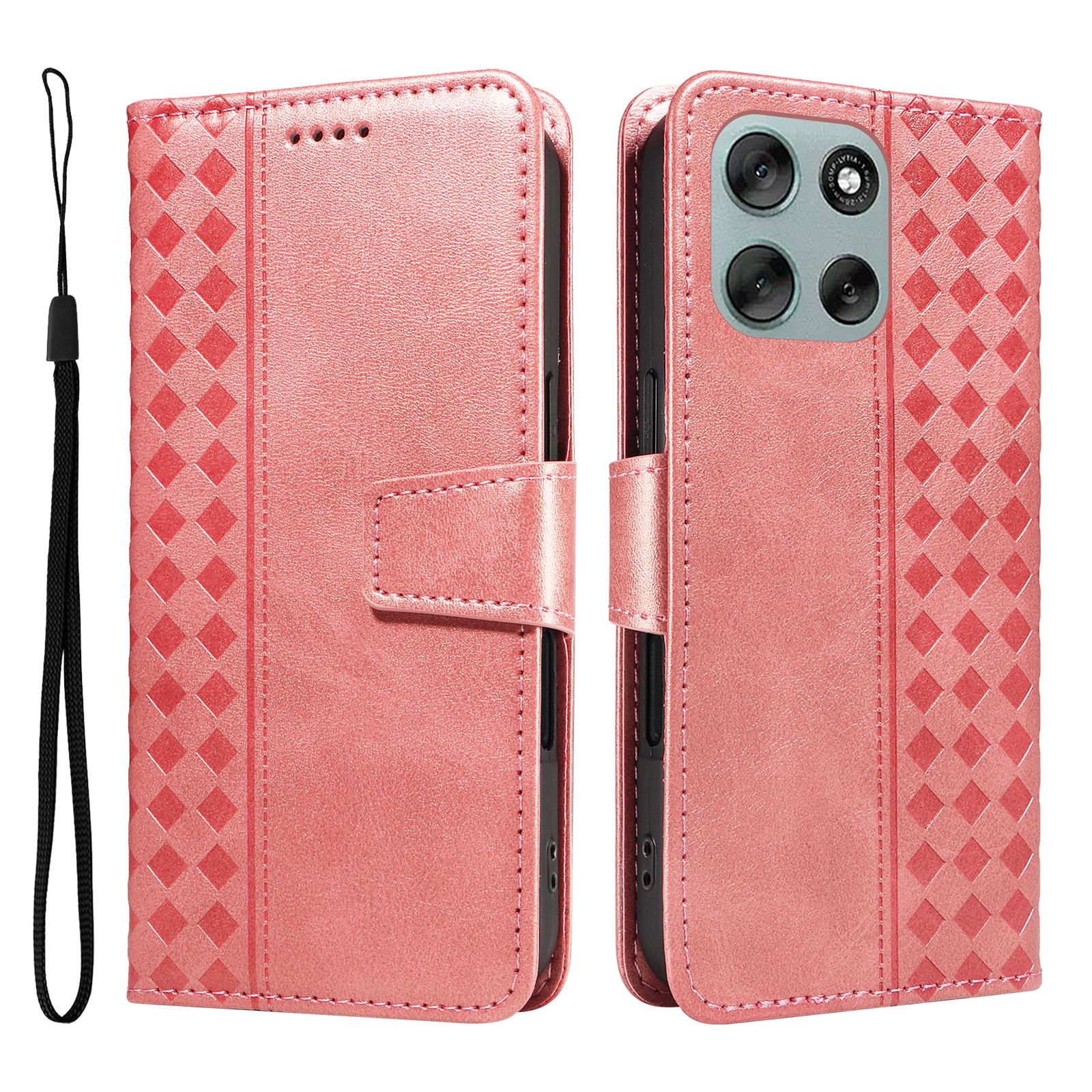 

Кожаный чехол-кошелек-подставка для Motorola Moto G56 5G с тиснеными клетками, чехол для телефона с ремешком Rose Gold