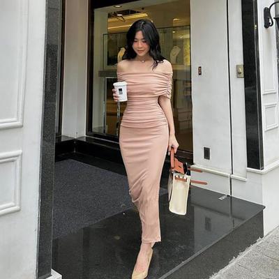One Shoulder Pleated Dress Slim Fit and Slimming, Split Bottom Skirt Formal Dress Long Skirt