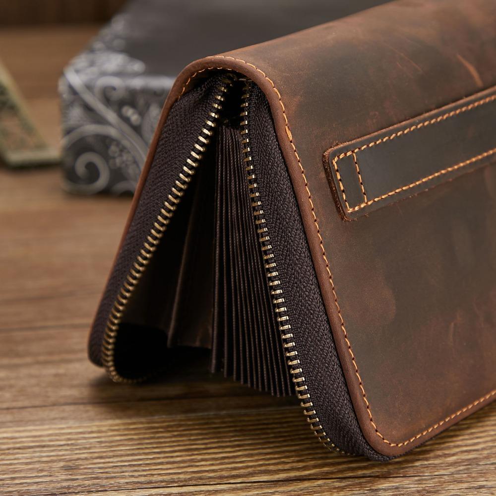 Men Genuine Crazy Horse Leather Long Wallet Vintage Zippered Phone Pocket Multi Compartment High Capacity Organizer Clutch Bag