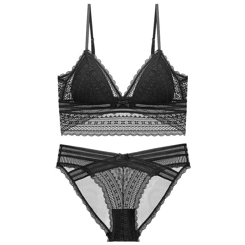 Sexy Spitzen-Bügelloses BH-Set mit tiefem Rücken, dünnen Baumwoll-Push-Up-Polstern und Schmetterlingsknoten-Design