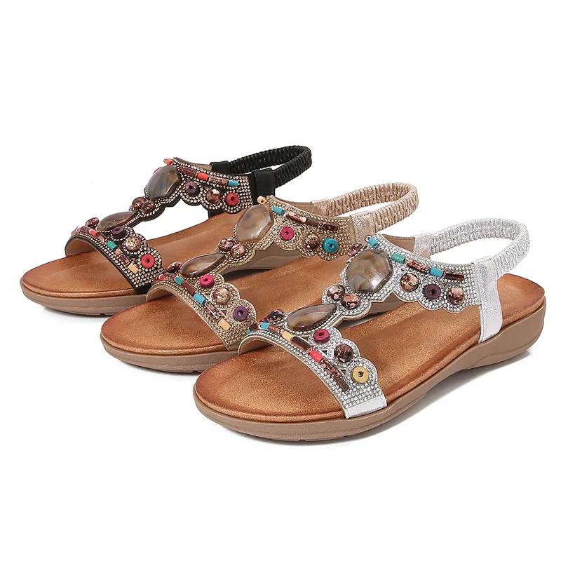 Shoes for Women Summer 36-42 Beaded Rhinestone Wedges Plus Size Open Toe Bohemian Sandals Elastic Strap Shoes Sandalias De Mujer