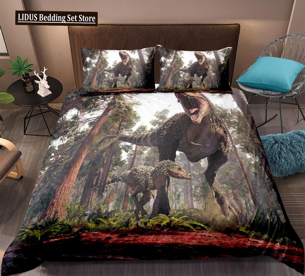 Dinosaur Duvet Cover Set King Queen Full Twin Size Wild Animals Comforter Cover With Zipper For Boys Girl Polyester Bedding Set