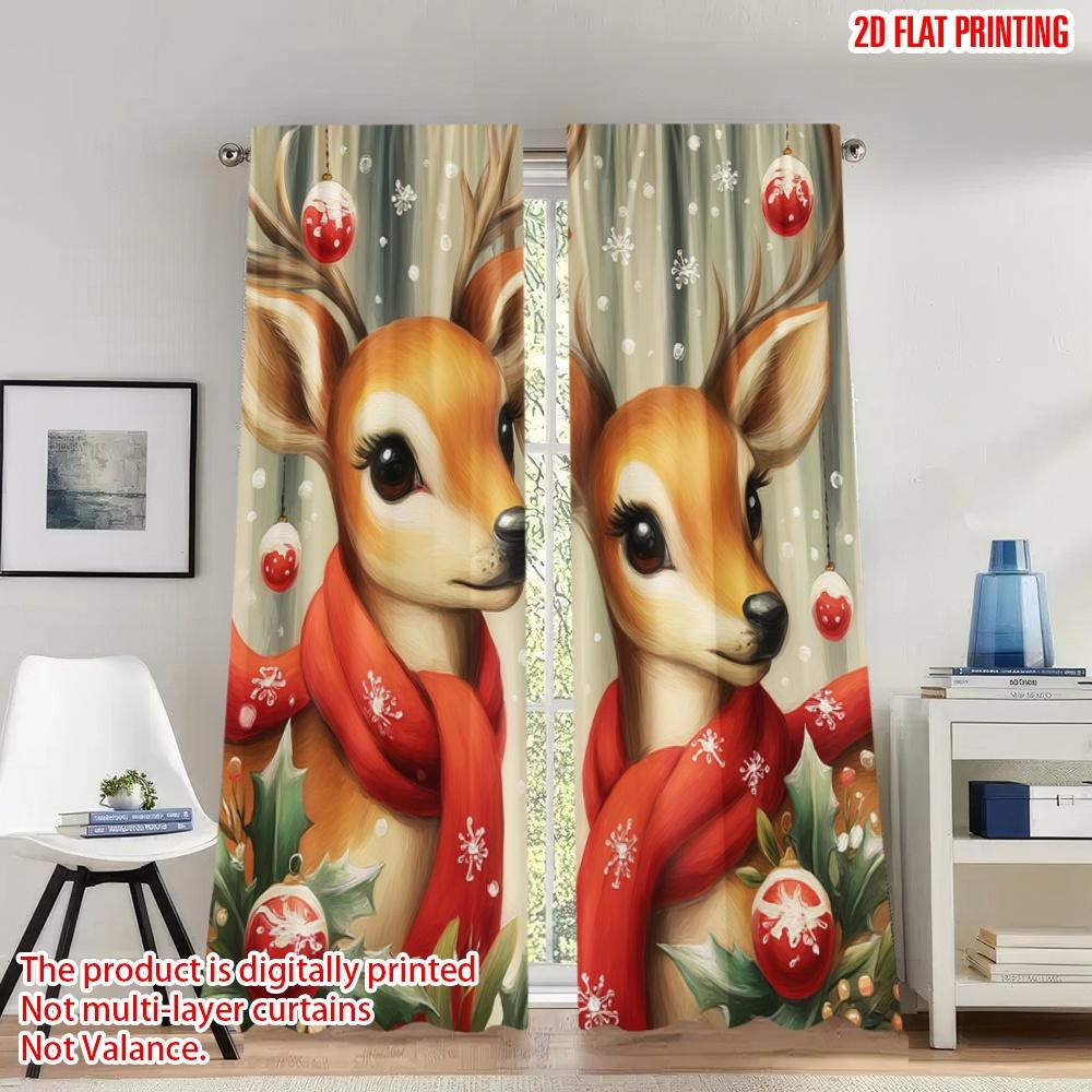 

2pcs 2D flat printing Fashionable Christmas Curtains Christmas Reindeer Snow Holiday Festive Digital Printed Polyester Drapes 100*130 HOOK 1pcs