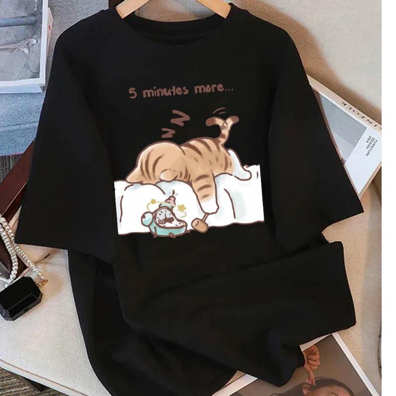 Women T-Shirt Cotton Summer The Cat That Always Wants To Sleep Pattern Prints T Shirt O-Neck Soft Loose Tops Basic Woman Clothes