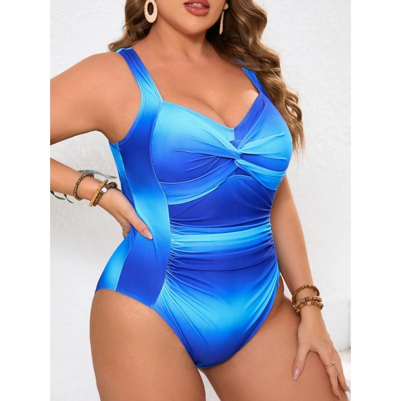 2025 Blue Gradient Plus Size Swimwear Women Strapped Push Up Large One Piece Swimsuit Summer Beach Chubby Bathing Suit