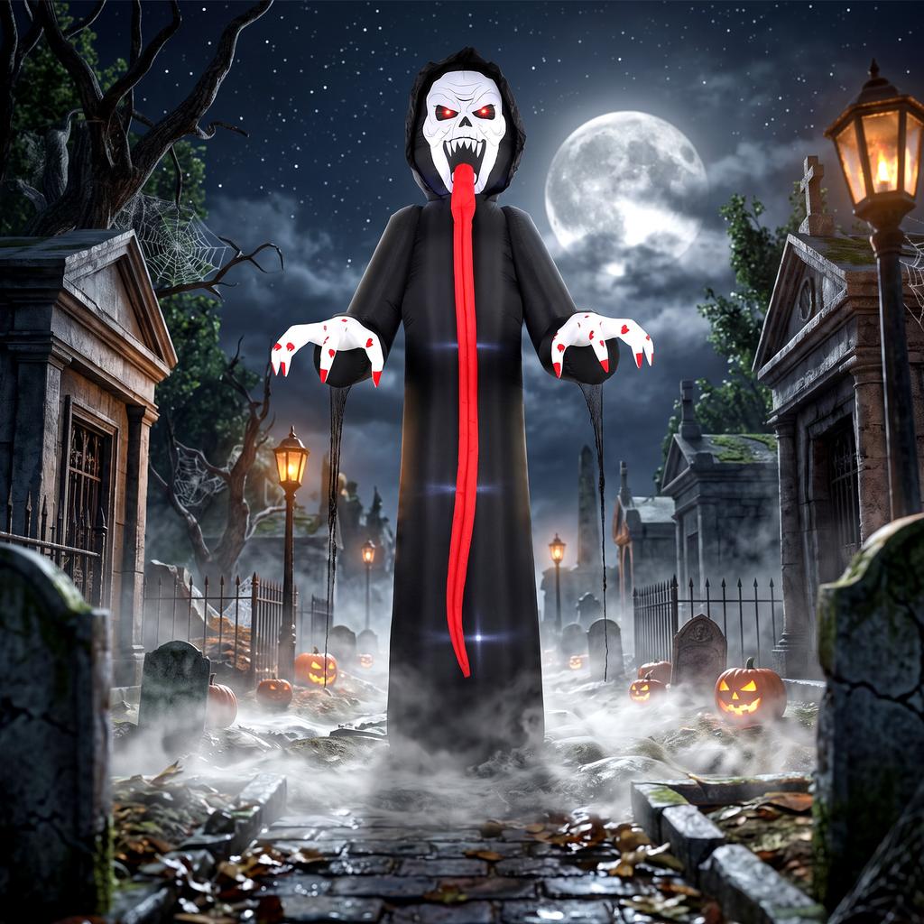 Inflatable Halloween skeleton, 310 cm, with integrated LED lights, spooky decoration for indoor and outdoor use