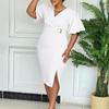 D Women's New Fashion V-Neck Bubble Sleeves Solid Color Waist Split Hip Wrap African Dress