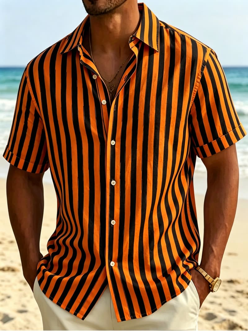 Men s geometric striped printed short sleeved button up shirt, a casual top for summer, vacation, and various occasions S