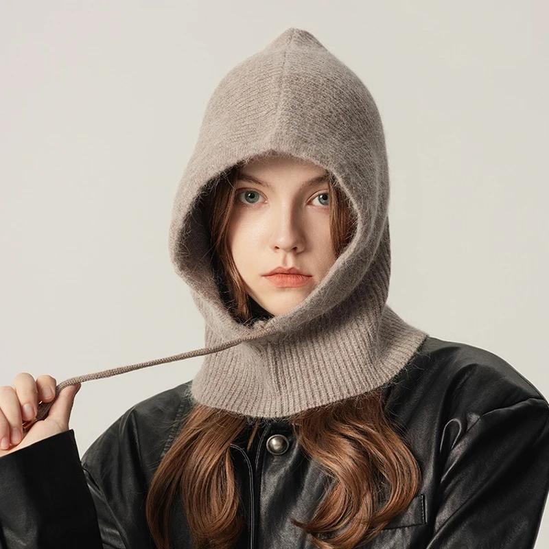 Kaninchenfell Gestrickter Schal Kapuze Sturmhaube Damen Kaschmir Mützen Winter Unisex Warm Ski Mütze Outdoor Ohrenschutz Mütze