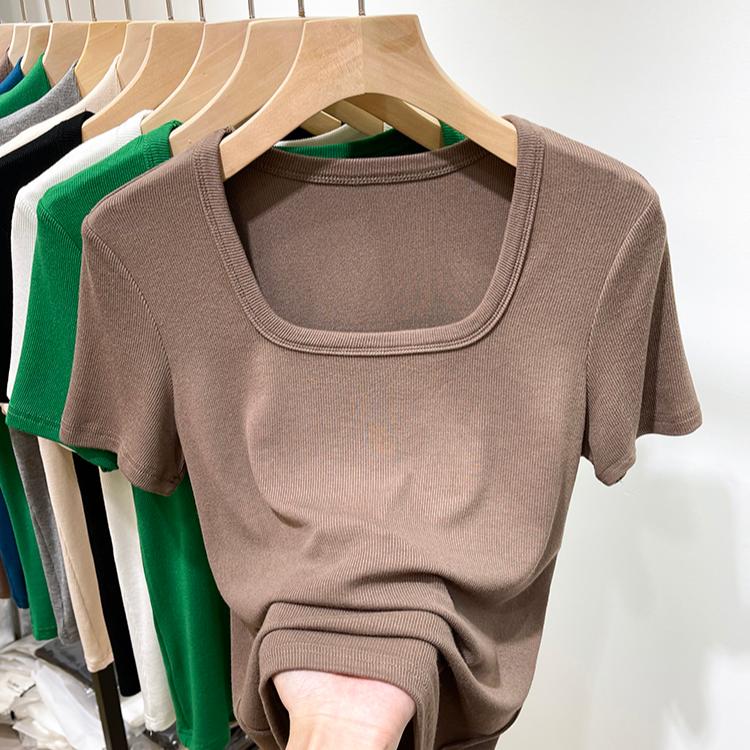 

Літня жіноча футболка з коротким рукавом сексуальна тонка однотонна зелено-біла футболка з чорним квадратним коміром Жіночі футболки для жінок Вуличний одяг з круглим вирізом M коричневий