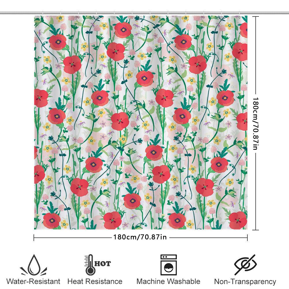 Delightful Floral Shower Curtain Red Poppy Yellow Bloom Pattern Bath Decor Waterproof Fabric with Hook Rings for Home Bathroom