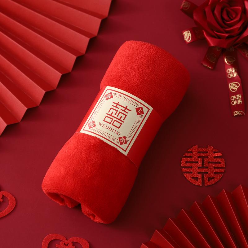 Coral Fleece Wedding Big Red Towel Wedding Happy Event Hand Towel Happy Character Pearl Bear Couple Red Towel