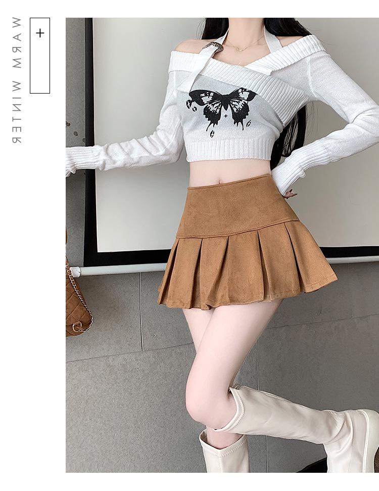 Women's Black Deerskin Velvet High-Waisted Slimming A-Line Mini Skirt with Anti-Exposure Pleats - Autumn/Winter Casual Skirt Pants