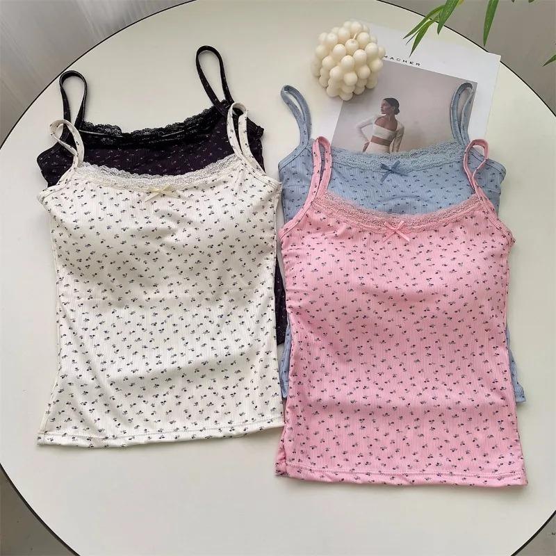 Sommerliche Crop-Tops mit Print für Damen Schleife Spitze Camisole Sexy Rückenfreies Weste mit Polsterung Basic Tanktop Bm Style Streetwear