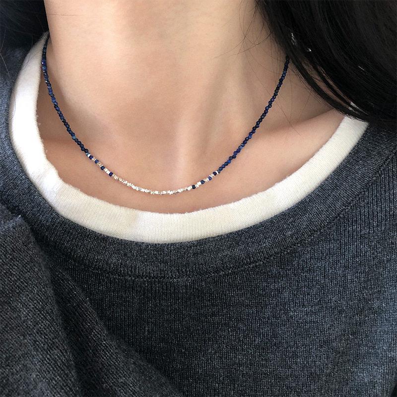 925er Sterlingsilber Lapislazuli Perlen Schlüsselbein Kette Halskette für Damen Farbverlauf Blau Leichter Luxus Stil Lässig Pendeln