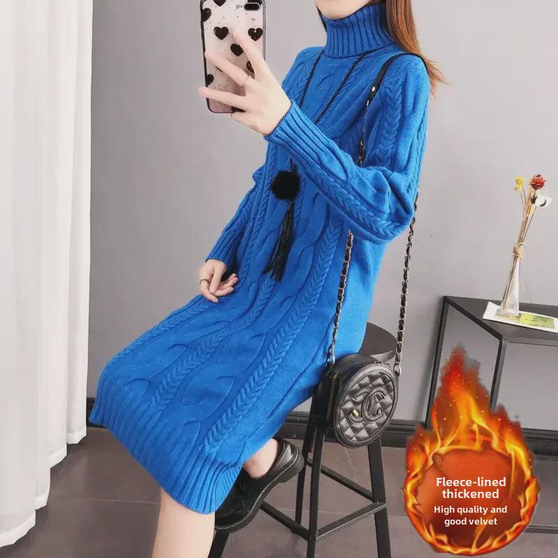 Women's Plush/Non-Plush Turtleneck Over-the-Knee Knitted Sweater Dress for Autumn & Winter