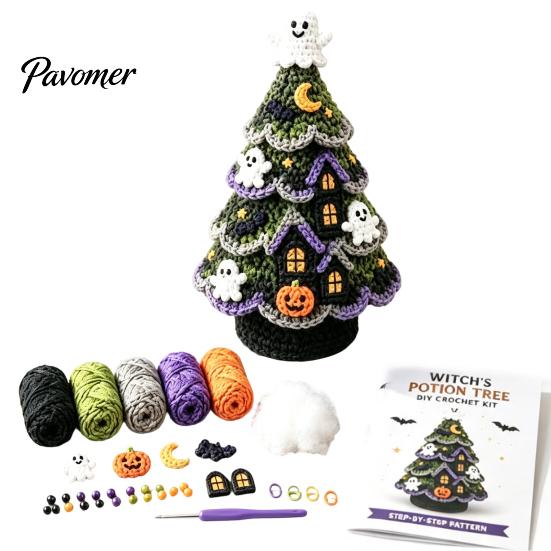 Craft Sets for Adults Halloween Tree Crochet Kit, DIY Black Cat Pumpkin Witch Handmade Yarn Projects Hat Ghost Crafting Kit Holiday Home Decor,