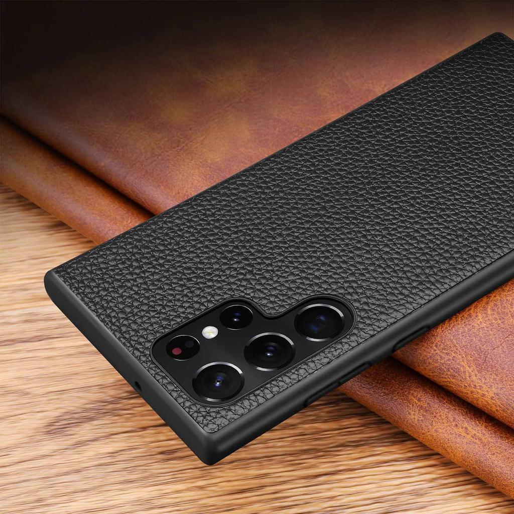 For Samsung Galaxy S25 Ultra Case Litchi Texture Genuine Leather Coated PC + TPU Phone Back Cover