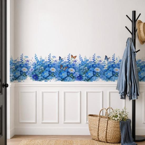 Watercolor Wall Stickers, Blue Flower Butterfly Decals for Bedroom Living Room, Removable PVC Art Decor for Wall Mural