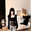Elegant Autumn-Winter Mesh Splice Square Neck Long Sleeve See-Through Top
