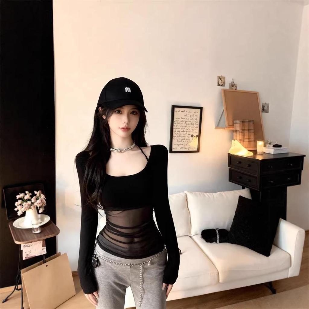 Elegant Autumn-Winter Mesh Splice Square Neck Long Sleeve See-Through Top