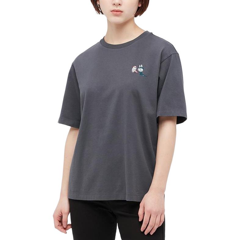 Uniqlo X Pop Mart Cartoon Anime Print Crew Neck T-Shirt Unisex Tops Dark-Gray 449367-08