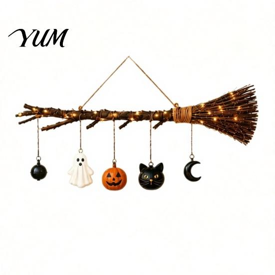 Thanksgiving Front Door Sign Halloween Witch Broom Wall Decor with LED Light, Fall Pumpkin Ghost Cat, Glowing Rustic Porch Ornament for Home