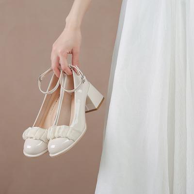 Baotou One-word Belt Leather Shoes 25 Summer New High Thick Heel Lace Gentle Lady Style College Single Shoes Women's Summer