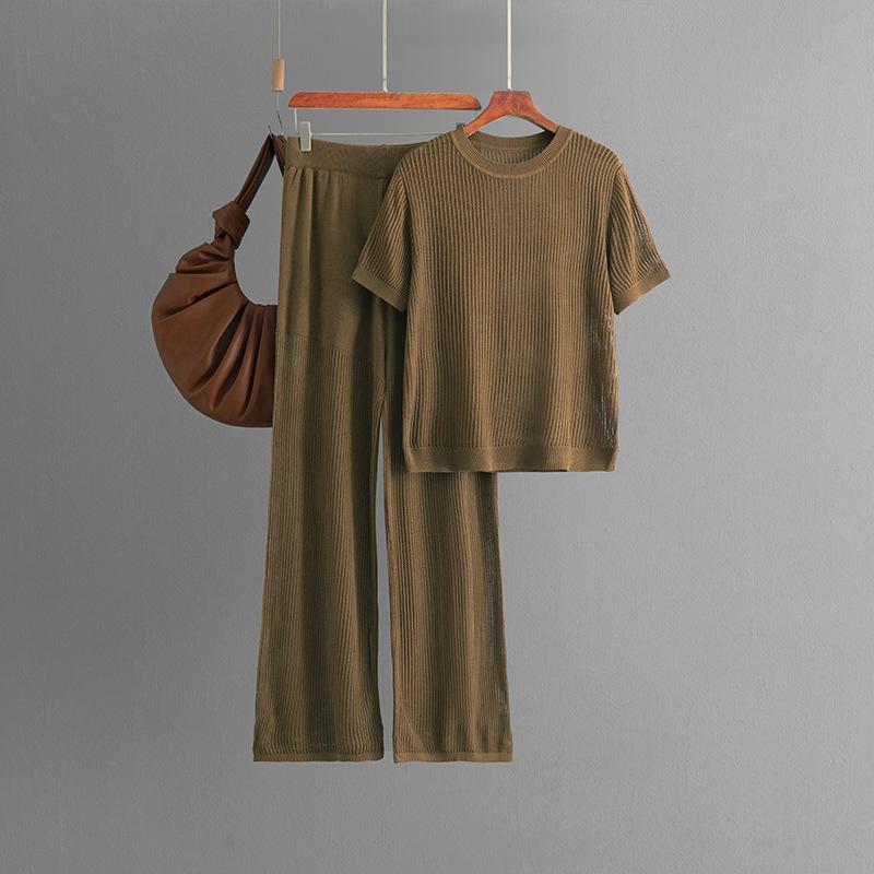 Autunno Inverno Lazy Wind Loose O-Collo Pullover Maglione Completo Donna Tinta Unita Manica Corta Maglia Pantaloni Gamba Larga Due Pezzi Set