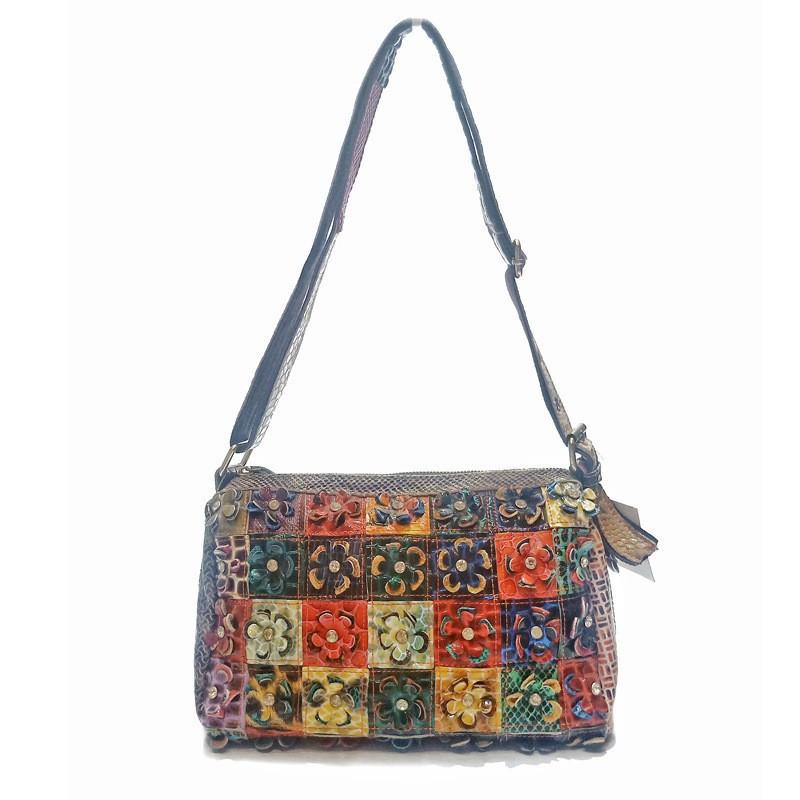 Bag Women'S Shoulder Bag Women'S Bag Casual Snake Pattern Flower Splicing Sheepskin Small Square Bag