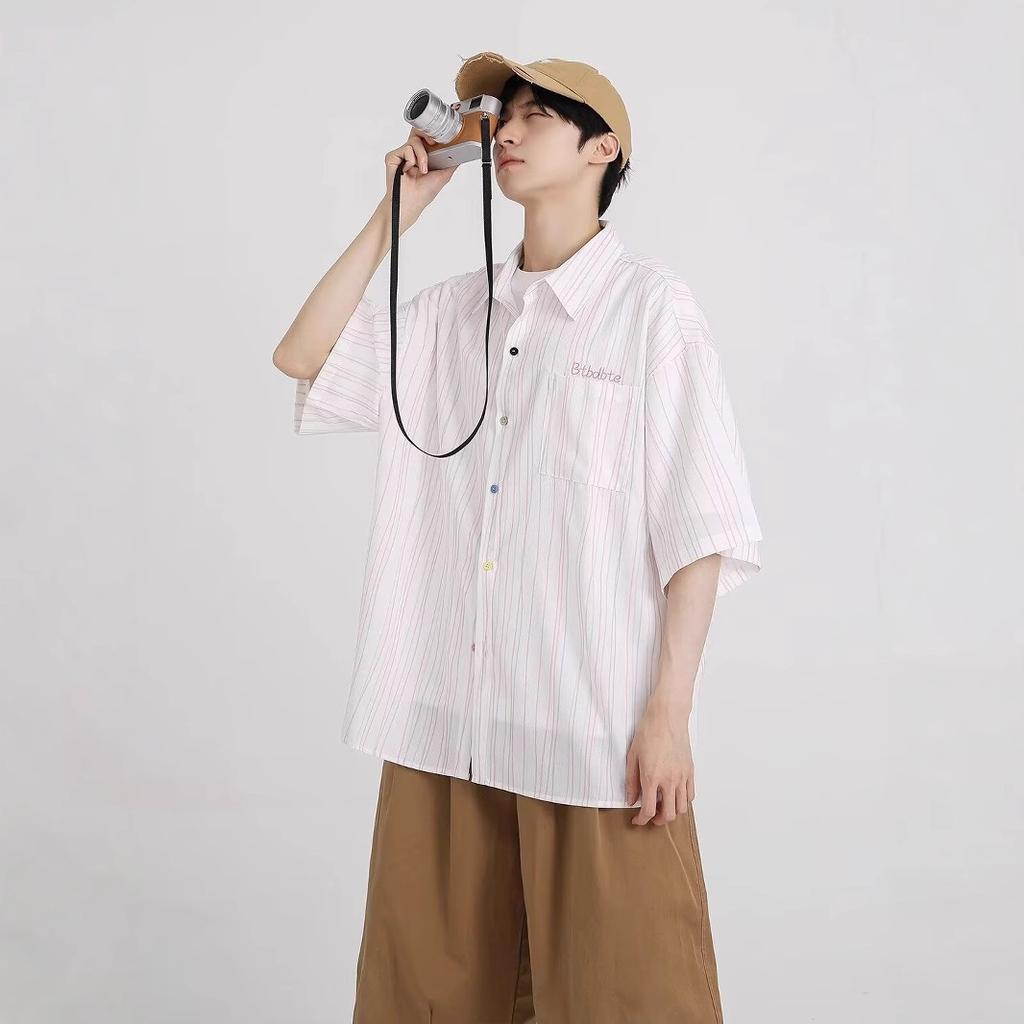 Summer Retro Short-sleeved Striped Shirt Men and Women Couples Style Loose Casual Shirt Jacket