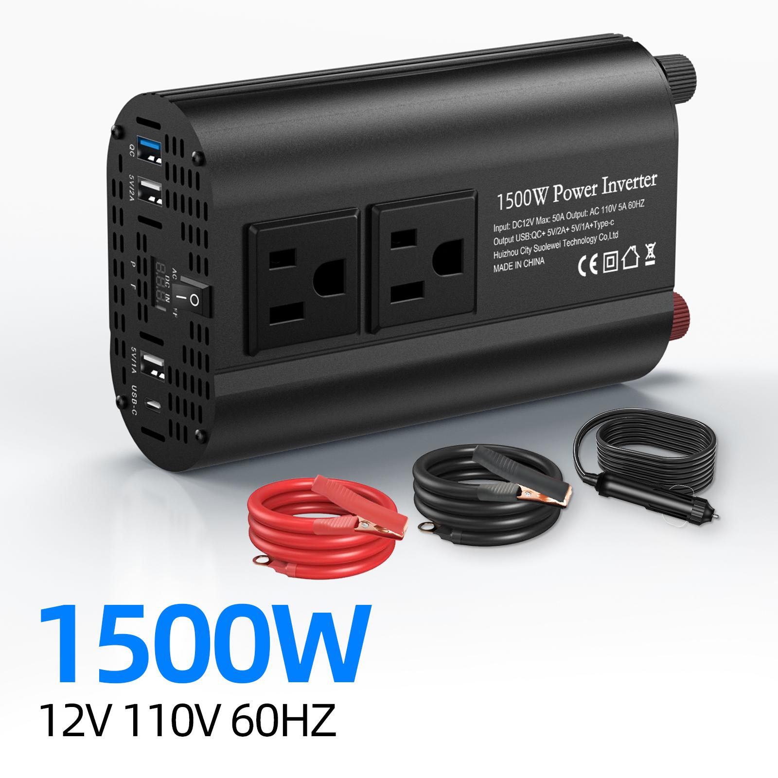 1500W solar inverter with LCD display,DC 12V to AC 110V USB Type-C portable power bank, car converter Vehicle-mounted inverter 1500W-BLACK